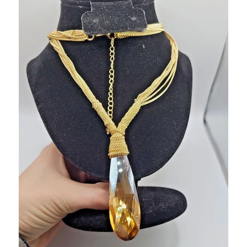 Gorgeous Large Chunky Faceted Crystal Necklace 30in chain 3in pendant